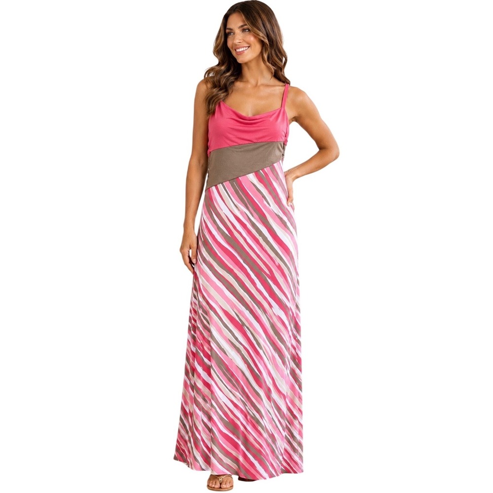 Tommy Bahama Pink Striped Maxi Dress Small Cowl Neck Sleeveless Casual Beach